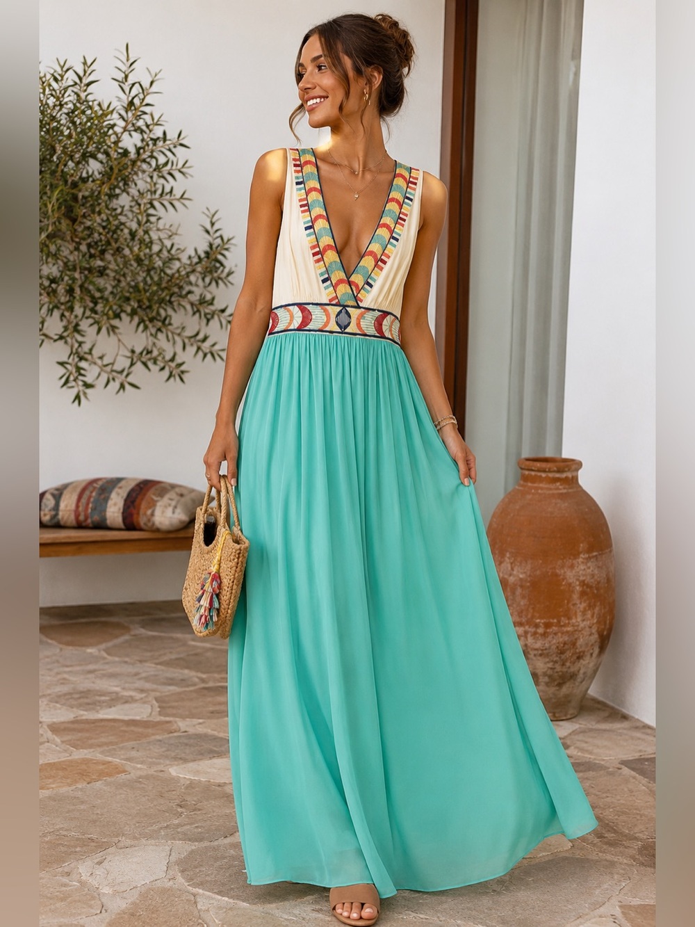 Flying Tomato Size S Embroidered Boho Maxi Dress Aqua Ivory Sleeveless